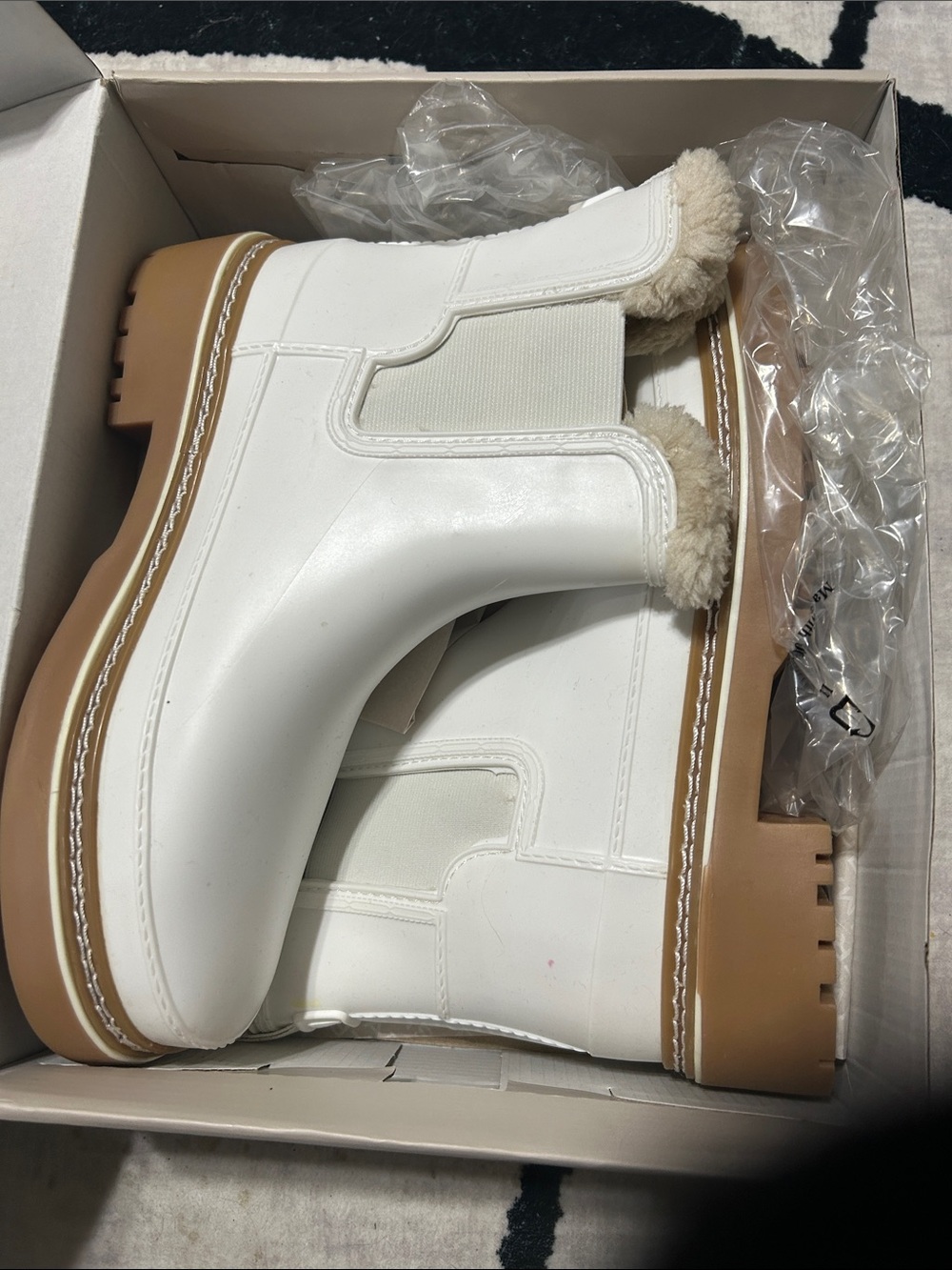 Marc Fisher White Chelsea Lug Booties with Tan Sole and Shearling